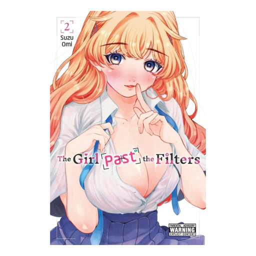 Front cover of the manga volume 'The Girl Next to the Filters' Volume 2 by Suzu Omi, featuring an anime-style illustration of a girl with long orange hair, blue eyes, and a white shirt with blue ribbons, on a white background.