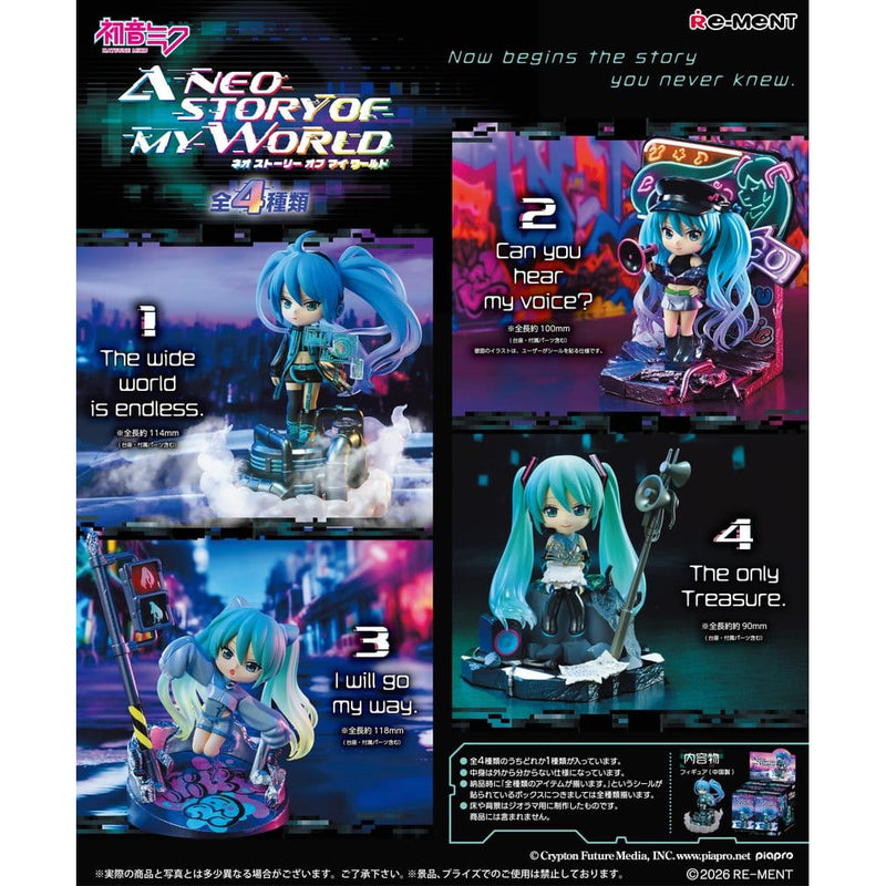 It's Hatsune Miku like you've never seen her before! Re-Ment is proud to present a new figure line with the A NEO STORY OF MY WORLD boxed set of figures! Featuring the international virtual pop star, new and different versions of Miku traveling down different parts of her life are shown in spectacular detail.